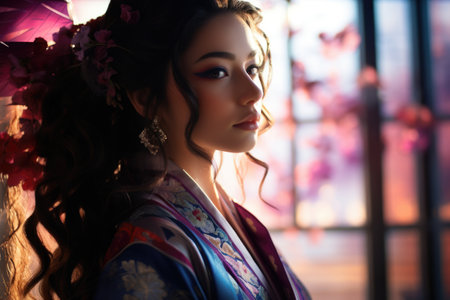 Beautiful asian woman in kimono with flowers in her hairの素材