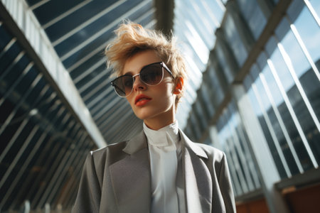 Fashionable young woman with blond hair in sunglasses and a white jacket in the cityの素材