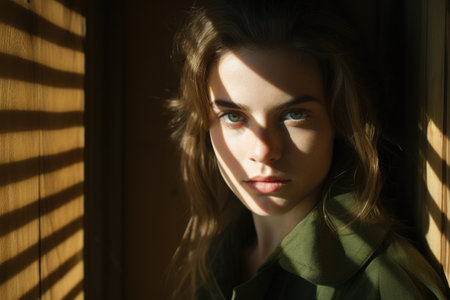 Portrait of a beautiful young woman in a green coat against the window.の素材