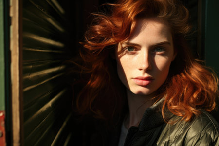 Portrait of a beautiful young woman with red hair and frecklesの素材