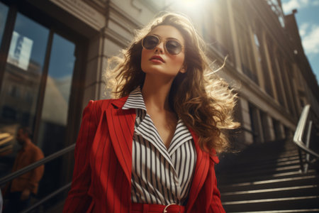 Fashionable young woman in a red jacket and sunglasses on the streetの素材