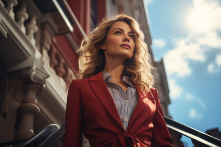 Portrait of a beautiful young woman in a red jacket on the streetの素材