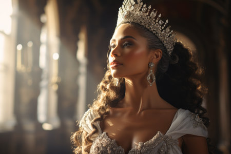 Beautiful young woman in a white dress with a crown on her headの素材