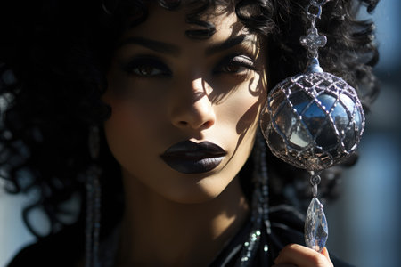 Fashion shot of a beautiful young woman with black curly hair and evening make-up.の素材