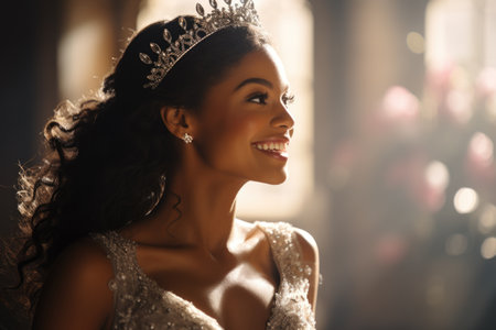 Portrait of a beautiful African American woman wearing a crownの素材