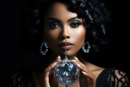 Portrait of beautiful young woman with crystal ball on black background.の素材