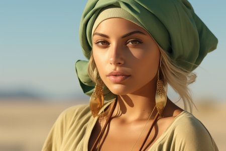 Portrait of a beautiful girl in a turban on the beachの素材
