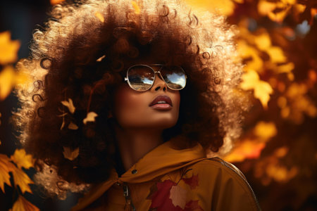 fashion outdoor photo of beautiful sensual woman with afro hair in elegant clothes and accessories posing in autumn parkの素材