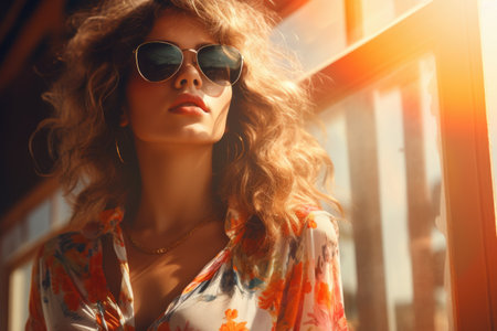 Portrait of a beautiful young woman with curly hair in sunglasses.の素材