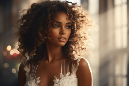fashion interior photo of gorgeous woman with afro hair in luxurious lingerieの素材