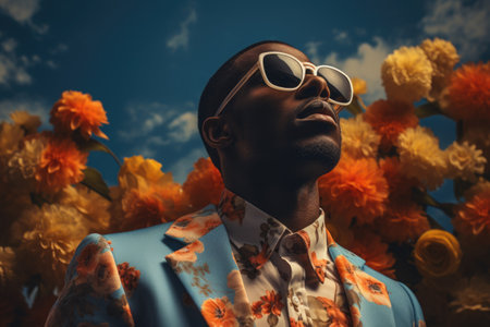 Portrait of a handsome African American man in stylish clothes and sunglasses against flowers backgroundの素材