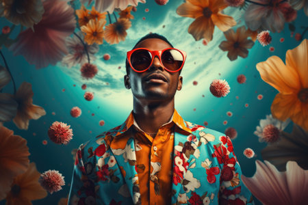 Handsome african american man in sunglasses against floral backgroundの素材