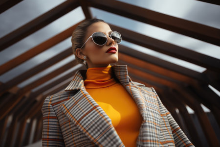 Fashionable young woman in sunglasses and coat posing outdoor. Beauty, fashion.の素材