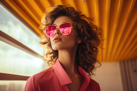 Fashionable young woman with curly hair in pink sunglasses posing near the windowの素材
