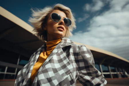 Fashionable blonde girl in checkered jacket and sunglasses posing outdoor.の素材