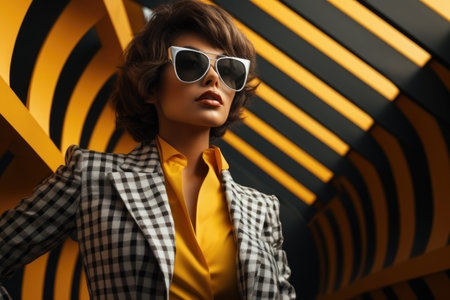 fashionable woman in sunglasses and checkered jacket posing in futuristic buildingの素材