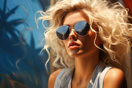 Fashion portrait of young beautiful woman with blond hair in sunglasses.の素材