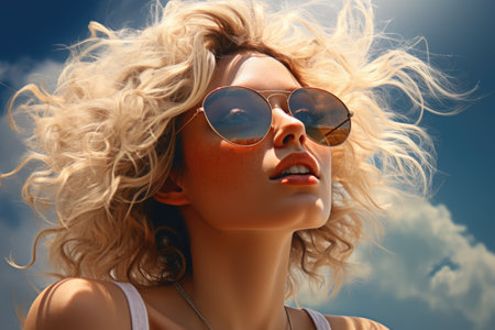 Portrait of a beautiful young woman with blond curly hair and sunglassesの素材