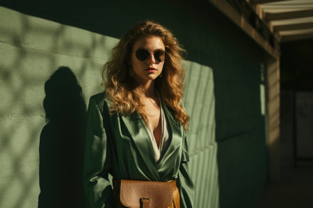 Fashionable young woman in a green jacket and sunglasses on the street.の素材