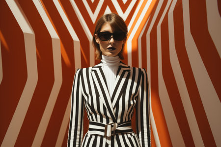 Fashionable young woman in a striped jacket and sunglasses on a striped backgroundの素材
