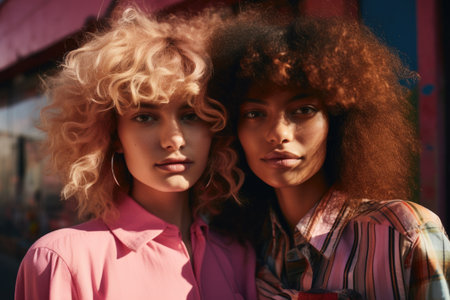 beautiful multicultural girls with afro hairstyle looking at camera on streetの素材