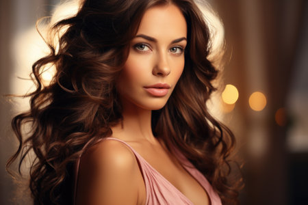 fashion interior photo of gorgeous woman with dark curly hair in elegant dressの素材