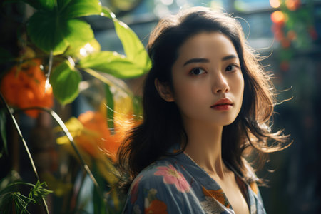 Portrait of a beautiful young Asian woman with long brown hair.の素材