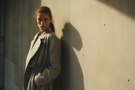 Portrait of a young beautiful girl in a gray coat on the streetの素材
