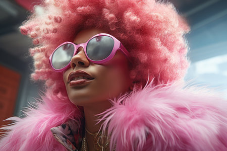 Fashionable african american woman in pink wig and sunglassesの素材