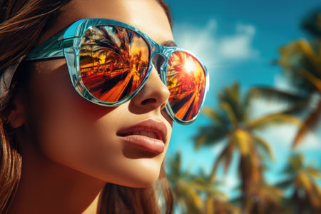 Portrait of beautiful young woman in sunglasses on the background of palm trees.の素材