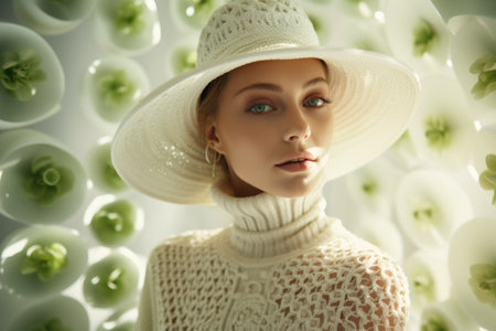 Beautiful young woman in hat and white sweater. Beauty, fashion.の素材