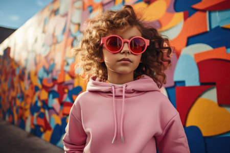stylish curly girl in pink hoodie and sunglasses on graffiti wall backgroundの素材
