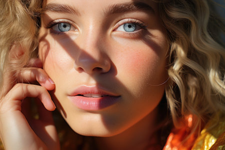 Close up portrait of a beautiful young woman with blue eyes and curly blond hairの素材