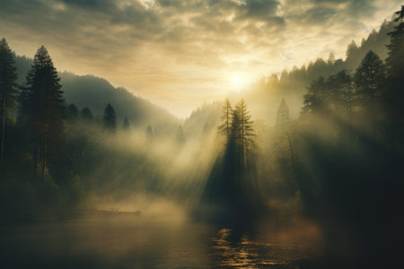 Misty morning on the river in the forest. Landscape.の素材