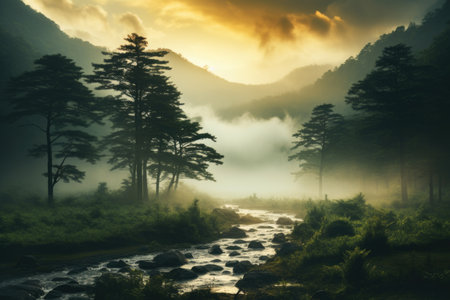 Beautiful misty landscape with mountain river and forest at sunrise.の素材