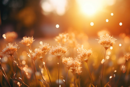 Grass flower in the field with sunlight and bokeh backgroundの素材