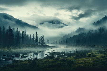 Foggy mountain landscape with lake and forest in the foreground.の素材