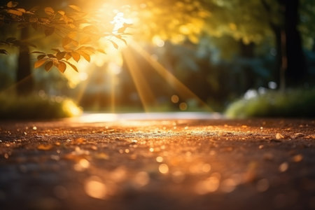 Sunset in the autumn park. Landscape with sunbeams and leaves.の素材