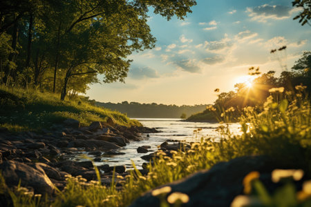 Sunset over the river. Beautiful summer landscape with river and trees.の素材
