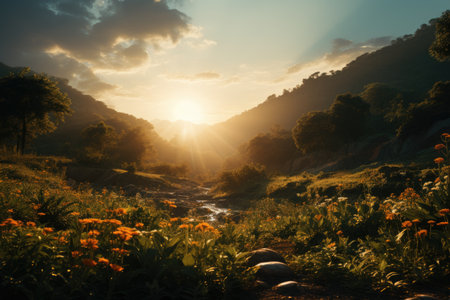 Beautiful sunset in the mountains with a mountain river and flowers.の素材