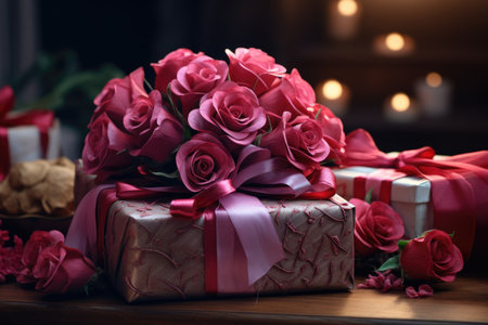 Bouquet of pink roses and gifts on a wooden table.の素材