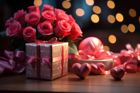 Gift box and roses on wooden table with bokeh backgroundの素材