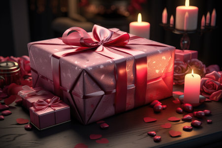 Valentine's day background with gift box, candles and red heartsの素材