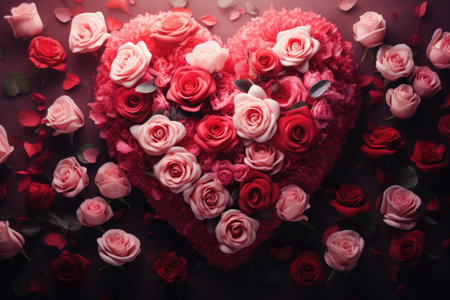 Valentine's day background with red and pink roses and heartsの素材