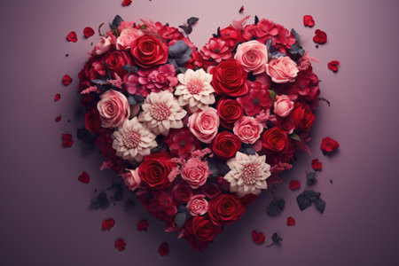 Heart shape of red and white flowers on purple background. Valentine's dayの素材