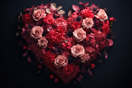 Heart shape made of red and pink roses on black background, valentines day conceptの素材