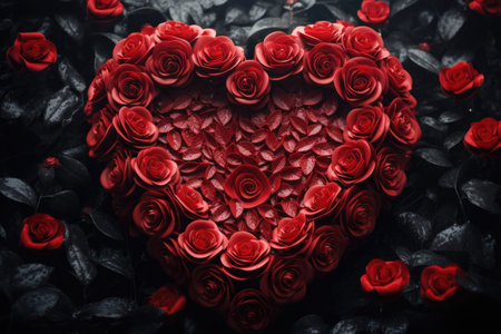 Heart made of red roses on dark background. Valentines day backgroundの素材