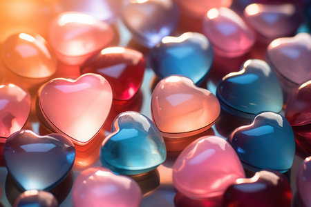 Colorful glass hearts on a blue background. Valentine's Day.の素材