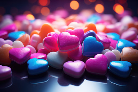 Colorful candy hearts on a dark background. Shallow depth of fieldの素材