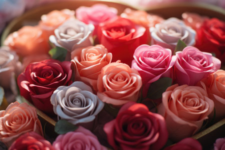 Beautiful multicolored roses in a gift box. Selective focus.の素材